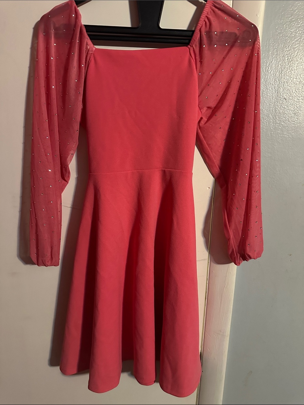 Speechless Coral Pink Fit-and-Flare Dress with Sheer Sparkle Sleeves